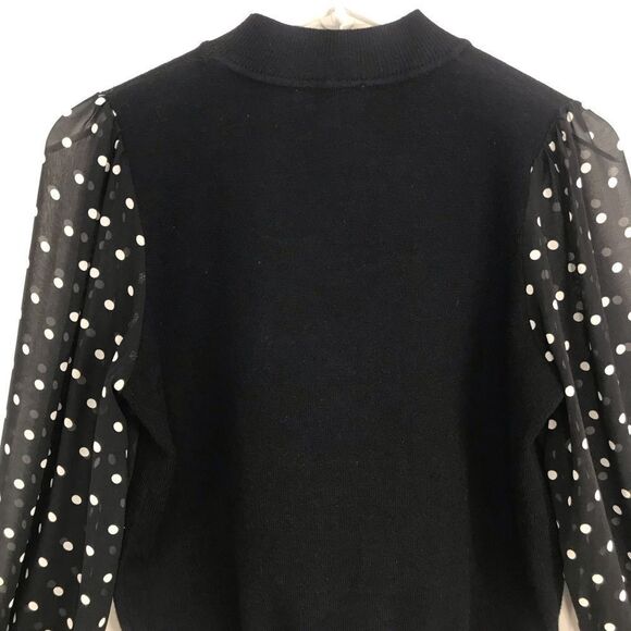 Nanette Lepore Black Knit Polka Dot Semi Sheer Sleeve Ruffle Mockneck Top - Picture 11 of 16